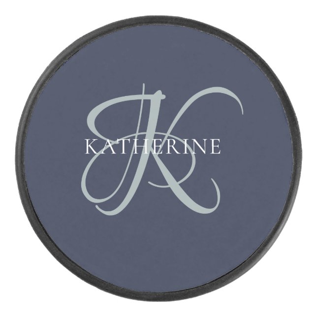 Modern Elegant Monogram Script Navy Blue Hockey Puck (Front)