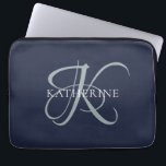 Modern Elegant Monogram Script Navy Blue Laptop Sleeve<br><div class="desc">The elegant design features your initial in a gorgeous calligraphy script with flourishes that wrap around your family name.  Makes a great gift for grandma,  a birthday,  for Mother's Day,  or any other family holiday.</div>