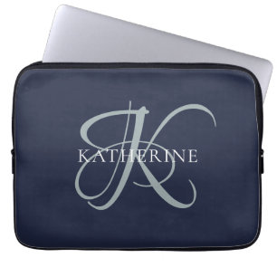 Modern Elegant Monogram Script Navy Blue Laptop Sleeve