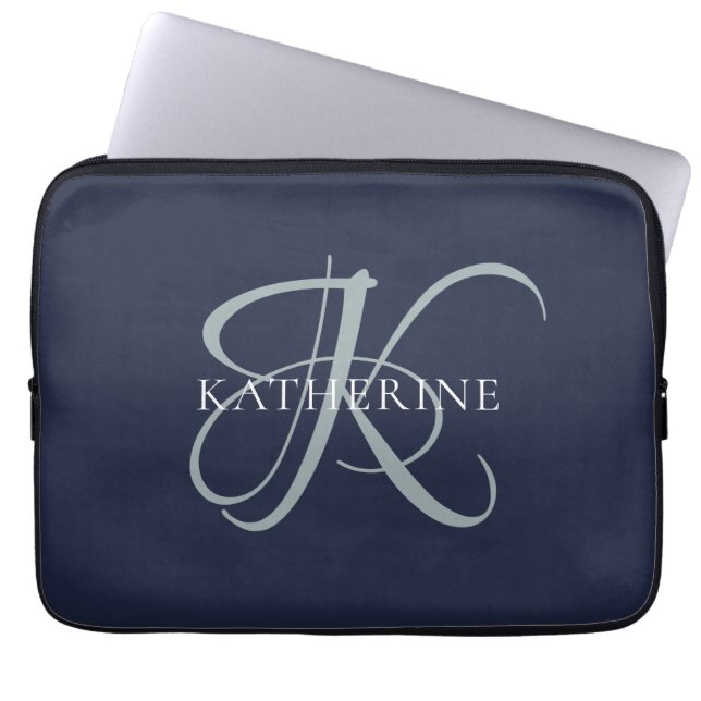 Modern Elegant Monogram Script Navy Blue Laptop Sleeve (Front)