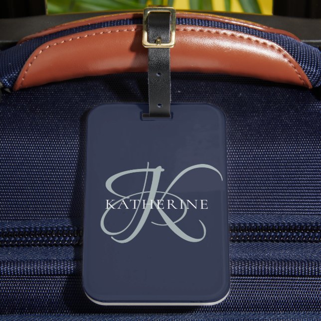 Modern Elegant Monogram Script Navy Blue Luggage Tag (Front Insitu 2)