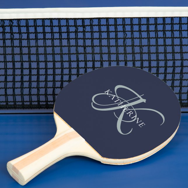 Modern Elegant Monogram Script Navy Blue Ping Pong Paddle (Insitu)