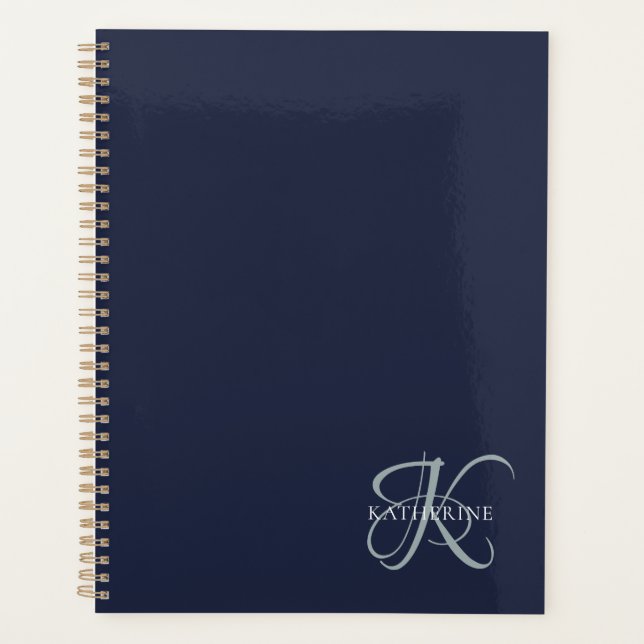 Modern Elegant Monogram Script Navy Blue Planner (Front)