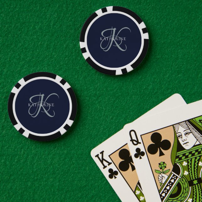 Modern Elegant Monogram Script Navy Blue Poker Chips (Poker Table (Double))