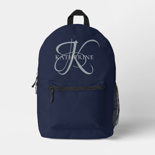 Modern Elegant Monogram Script Navy Blue Printed Backpack (Front)
