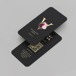 Modern Elegant Monogram V Floral Black Gold Business Card