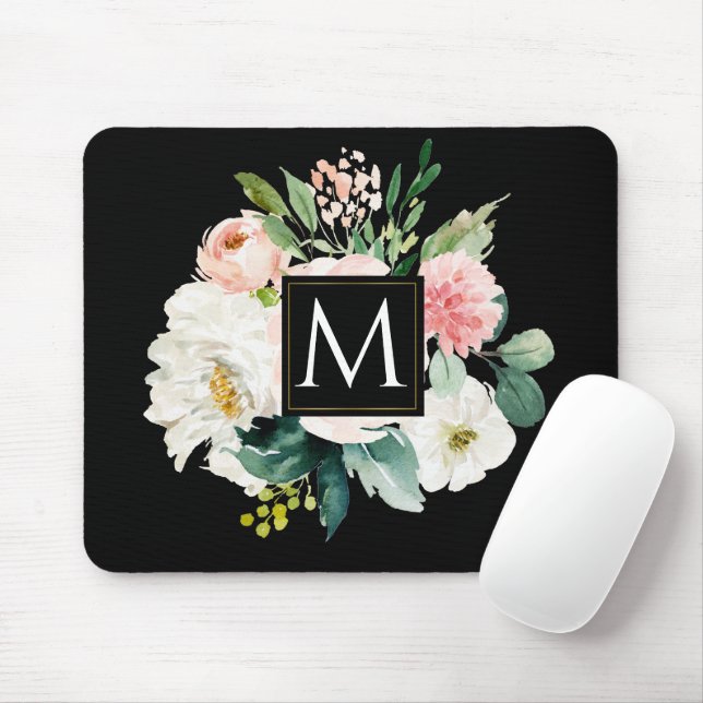 Modern elegant Monogram watercolor floral Mouse Pad (With Mouse)