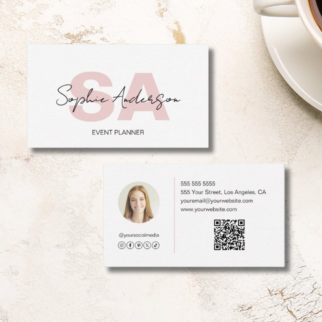 Modern Elegant Monogram White Pink Business Card (Modern Elegant Monogram White Pink Business Card)