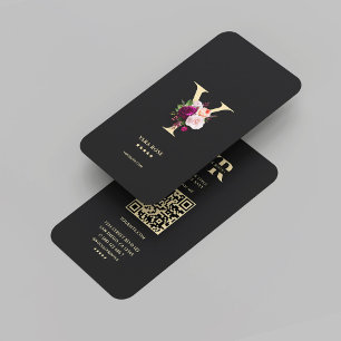 Modern Elegant Monogram Y Floral Black Gold  Business Card