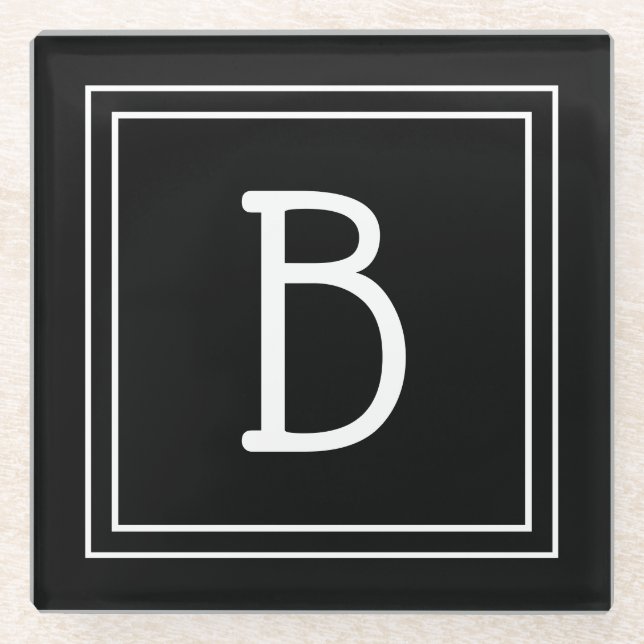 Modern Elegant Monogrammed Black & White Initial Glass Coaster (Front)