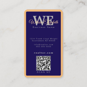 Modern elegant monogrammed blue and gold QR code Business Card