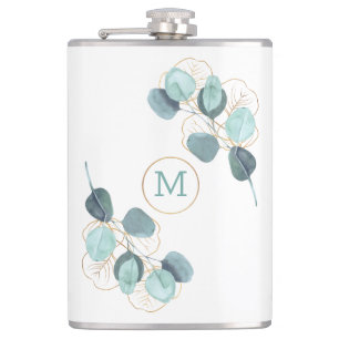 Modern Elegant Monogrammed Eucalyptus Gold Hip Flask