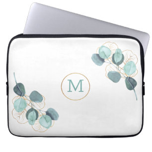 Modern Elegant Monogrammed Eucalyptus Gold Laptop Sleeve