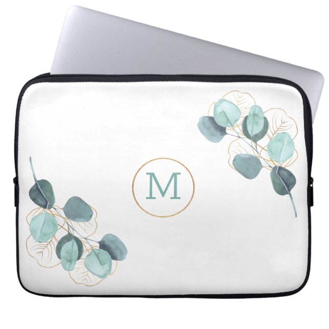 Modern Elegant Monogrammed Eucalyptus Gold Laptop  Sleeve (Front)