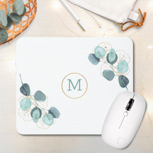 Modern Elegant Monogrammed Eucalyptus Gold Mouse Pad