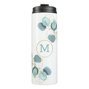 Modern Elegant Monogrammed Eucalyptus Gold Table Thermal Tumbler