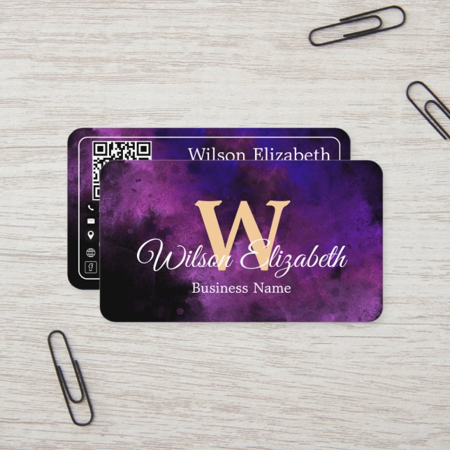 Modern elegant monogrammed QR code business cards (Front/Back In Situ)