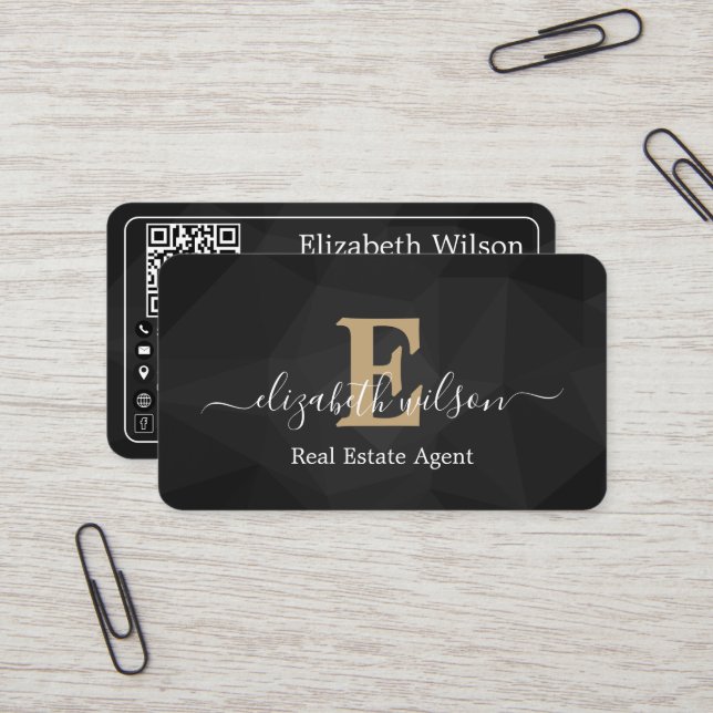 Modern elegant monogrammed QR code business cards (Front/Back In Situ)