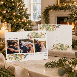 Modern Elegant Mr & Mrs Newlywed 3 Photo Holiday Card