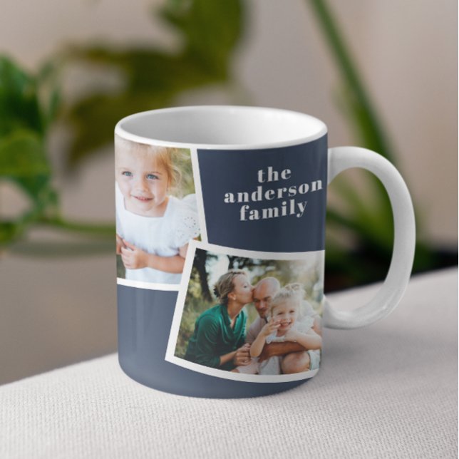 Modern elegant multi photo family navy blue coffee mug (Creator Uploaded)
