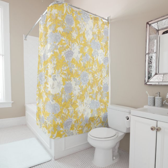 Modern Elegant Mustard Yellow Marigold Flowers Shower Curtain (In Situ)