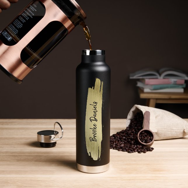Modern Elegant Name Black and Gold Water Bottle (Coffee)