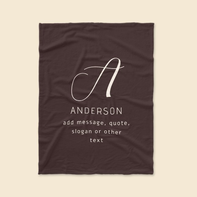 Modern Elegant Name & Monogram | Dark Brown Fleece Blanket (Creator Uploaded)
