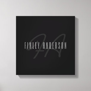 Modern Elegant Name & Monogram Dark Grey & Black Canvas Print