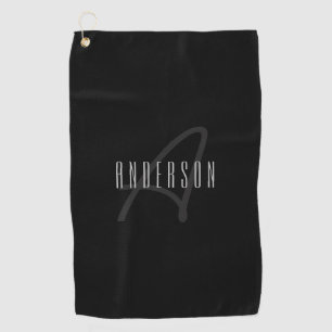 Modern Elegant Name & Monogram   Dark Grey & Black Golf Towel