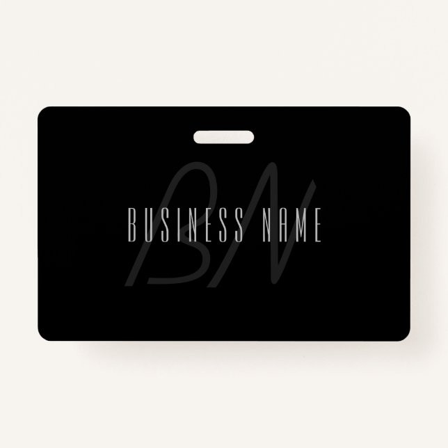 Modern Elegant Name & Monogram | Dark Grey & Black ID Badge (Front)