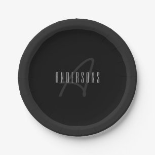 Modern Elegant Name & Monogram   Dark Grey & Black Paper Plate