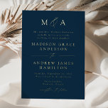 Modern Elegant Navy and Gold Monogram Wedding<br><div class="desc">Celebrate your wedding with this minimalist modern invitation showcasing your monogram initials and wedding details in elegant gold foil lettering. Beautiful calligraphy script accents add a timeless, romantic touch. The rich navy background is fully customisable—choose any colour to perfectly match your wedding palette. Ideal for couples who appreciate sleek and...</div>