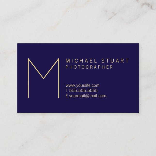 Modern Elegant Navy Blue and Gold Monogram Business Card (Front)