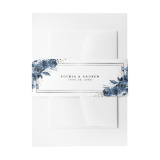 Modern Elegant Navy Blue Botanical Classic Wedding Invitation Belly Band