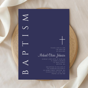 Modern Elegant Navy Blue Cross Baptism Invitation
