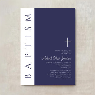 Modern Elegant Navy Blue Cross Baptism Invitation