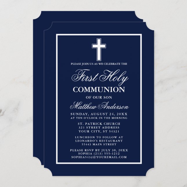 Modern Elegant Navy Blue First Holy Communion Invitation (Front/Back)