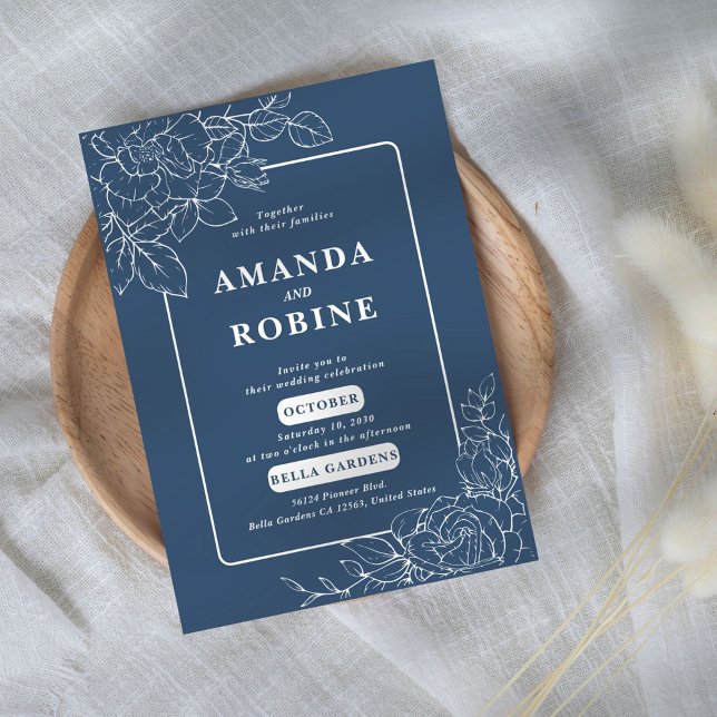 Modern Elegant Navy Blue Floral Wedding Invitation (Creator Uploaded)