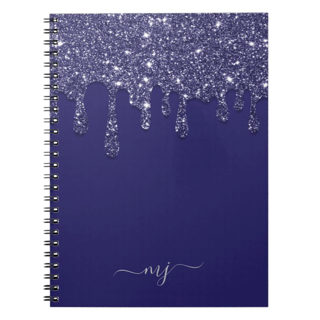 Modern Elegant Navy Blue Glitter Dripping Notebook (Front)