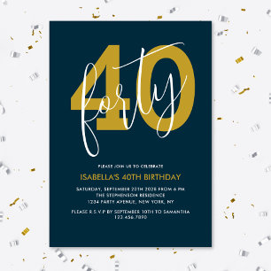Modern Elegant Navy Blue Gold 40th Birthday Invitation
