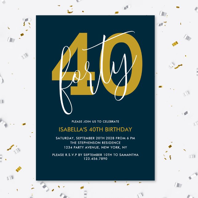 Modern Elegant Navy Blue Gold 40th Birthday Invitation (Creator Uploaded)