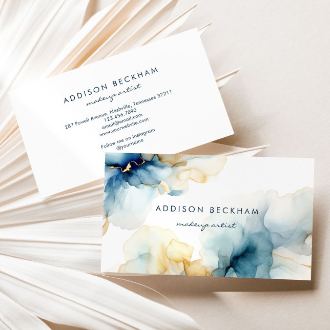 Modern Elegant Navy Blue Gold Abstract Watercolor Business Card (Creator Uploaded)