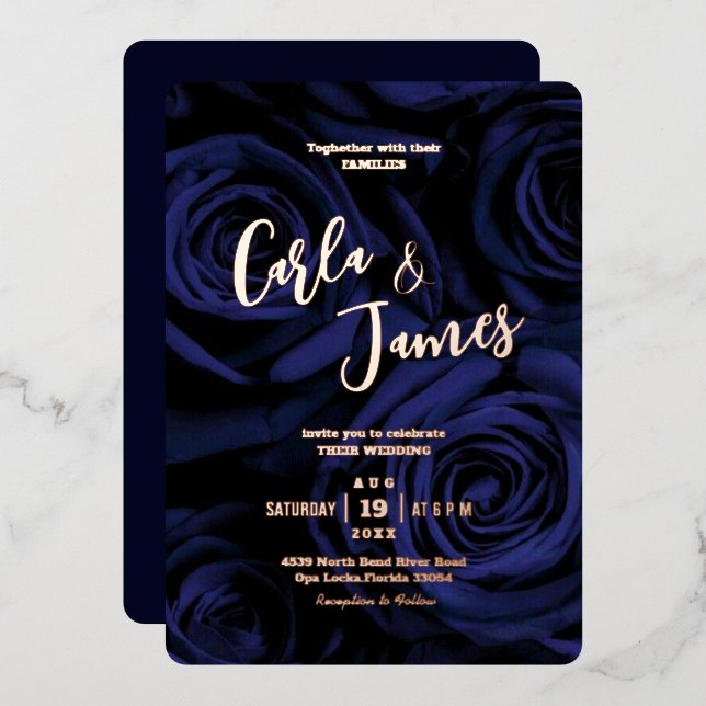 Modern elegant navy blue gold Calligraphy wedding  (Front/Back)