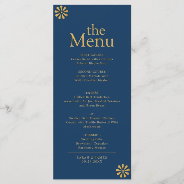 Modern Elegant Navy Blue Gold Frame Dinner Menu (Front)