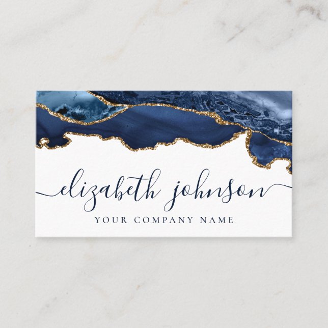 Modern Elegant Navy Blue Gold Glitter Agate Marble Business Card (Front)
