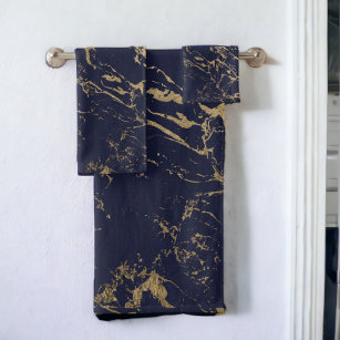 Modern elegant navy blue gold marble pattern bath towel set