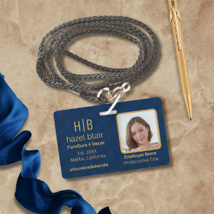 Modern Elegant Navy Blue Gold Monogram Squares ID Badge