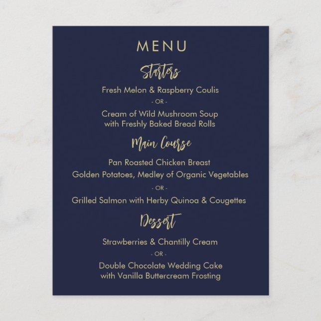 Modern Elegant Navy Blue Gold Wedding Menu Card (Front)