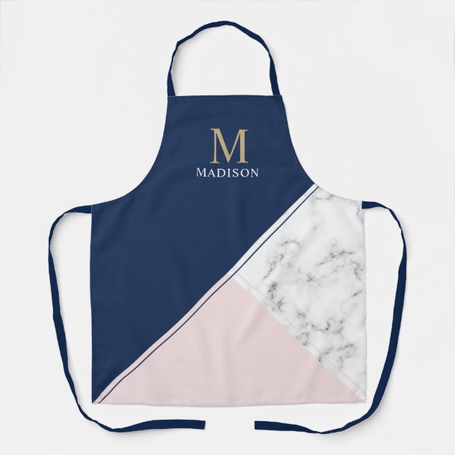 Modern elegant navy blue marble monogram apron (Front)