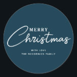 Modern Elegant Navy Blue Merry Christmas Name Classic Round Sticker<br><div class="desc">Add a moody touch to your holiday wrapping and more with these Modern Elegant Navy Blue Merry Christmas Name Classic Round Stickers. Each is designed with text "Merry Christmas" in white letters on dark blue. The font is hand script lettering mixed with simple easy to read letters. Personalised with family...</div>